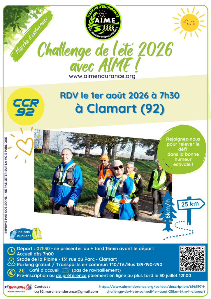 Flyer Marche d'endurance CCR92 - A.I.M.E - Challenge de l'été - 1er août 2026 à Clamart